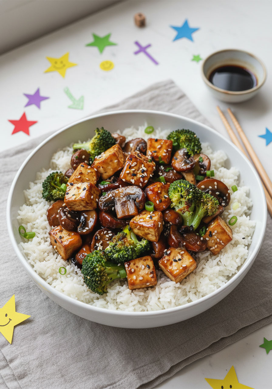 Mushroom and tofu stir-fry served over fluffy jasmine rice in a ceramic bowl garnished with sesame seeds and scallions