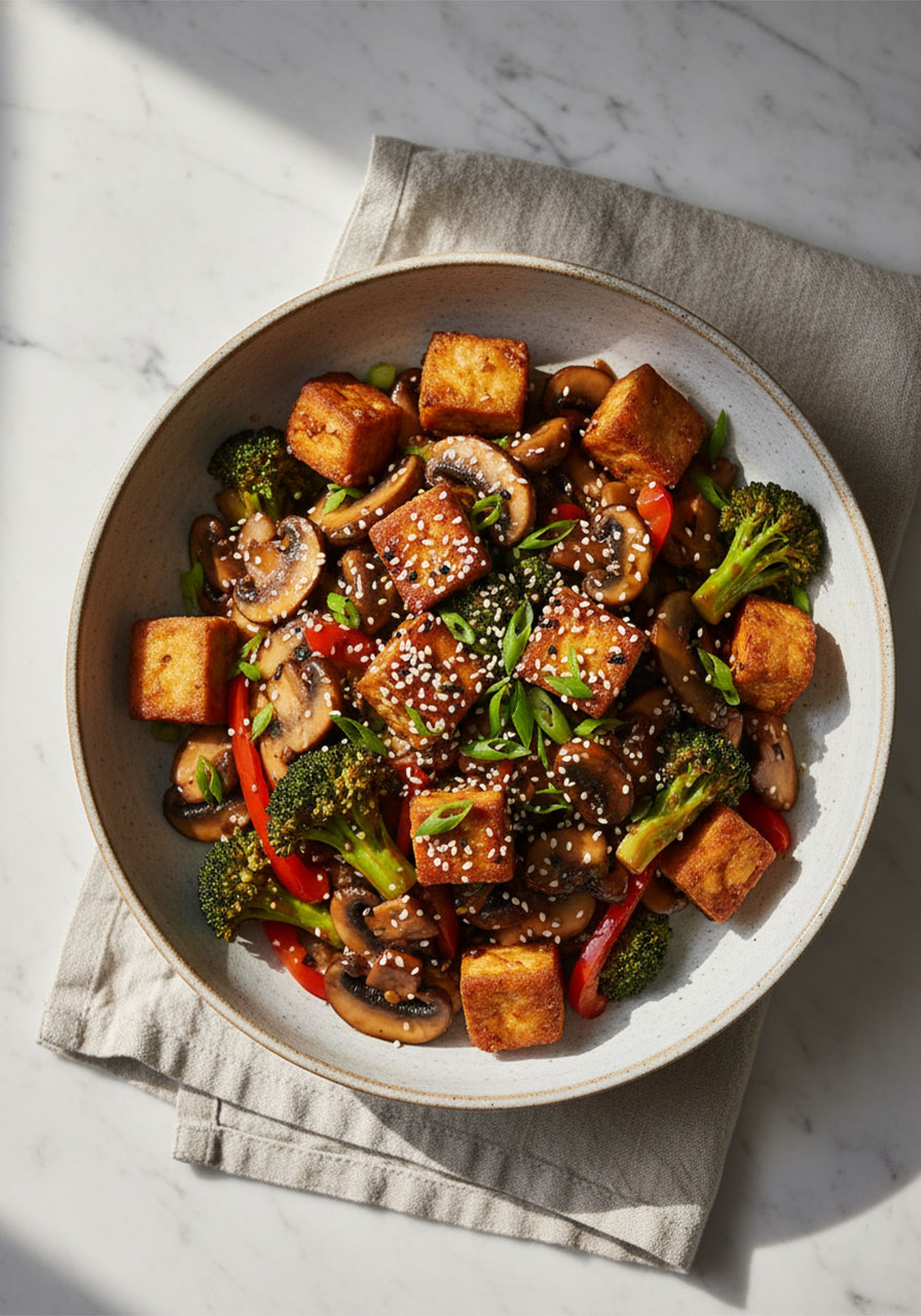Overhead view of mushroom and tofu stir-fry in a ceramic bowl with sesame seeds and green onions