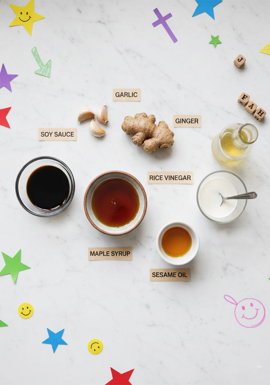Flat lay of garlic ginger soy sauce ingredients for mushroom tofu stir-fry including soy sauce, rice vinegar, sesame oil, and maple syrup