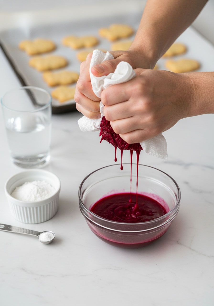 Making naturally pink beet juice glaze for homemade vegan frosted animal crackers without artificial food coloring