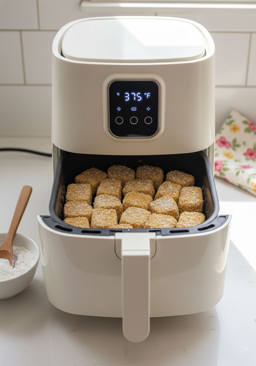 Cornstarch-coated tofu nuggets in an air fryer basket set to 375°F for oil-free crispy vegan orange tofu