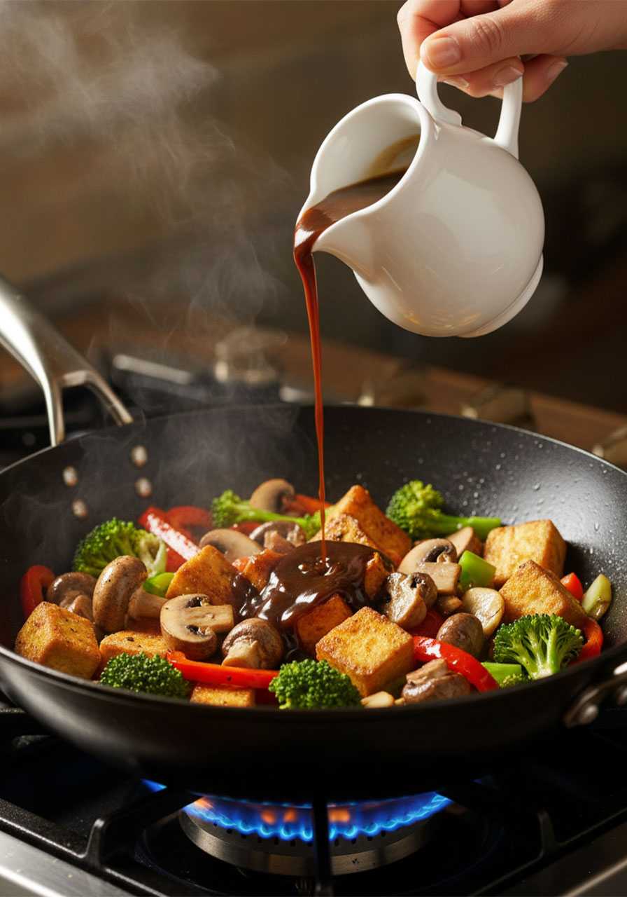 Pouring garlic ginger soy sauce over mushroom tofu stir-fry in a one-pan wok on the stovetop