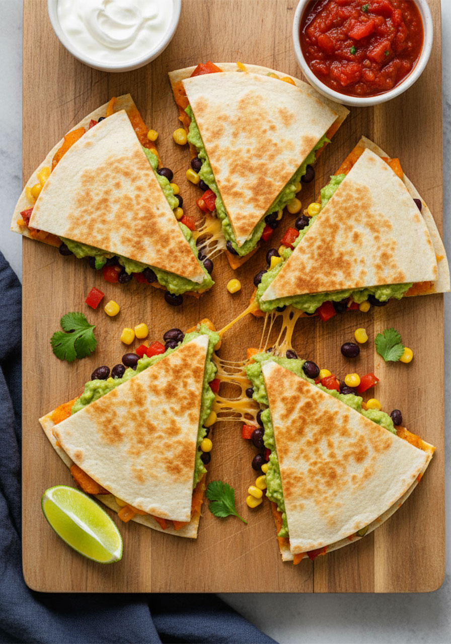 Overhead view of sliced sweet potato black bean quesadilla triangles fanned out on cutting board with salsa, sour cream, and lime