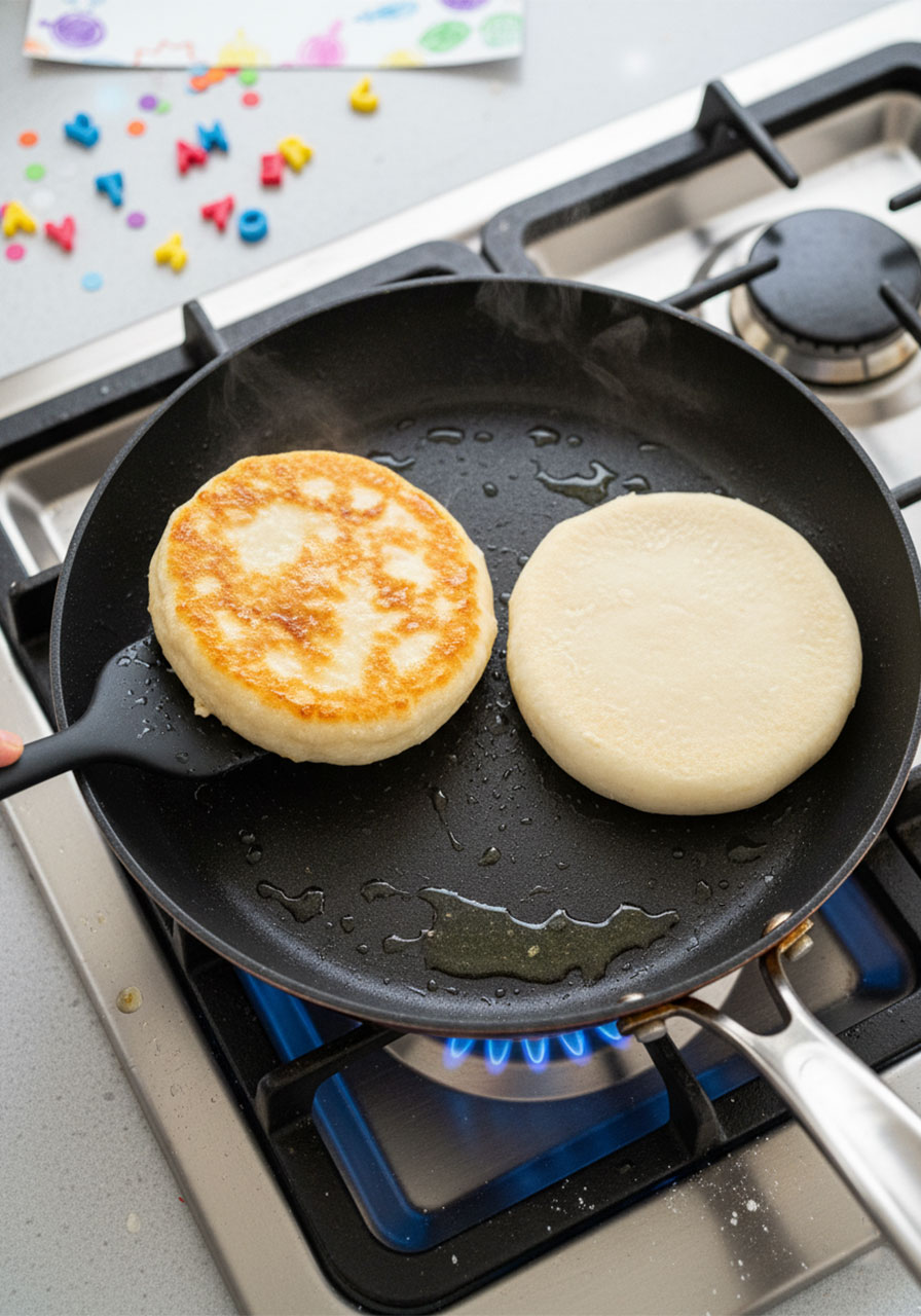 Two Chinese stuffed pancakes cooking in a black skillet showing golden brown crust forming during pan-frying