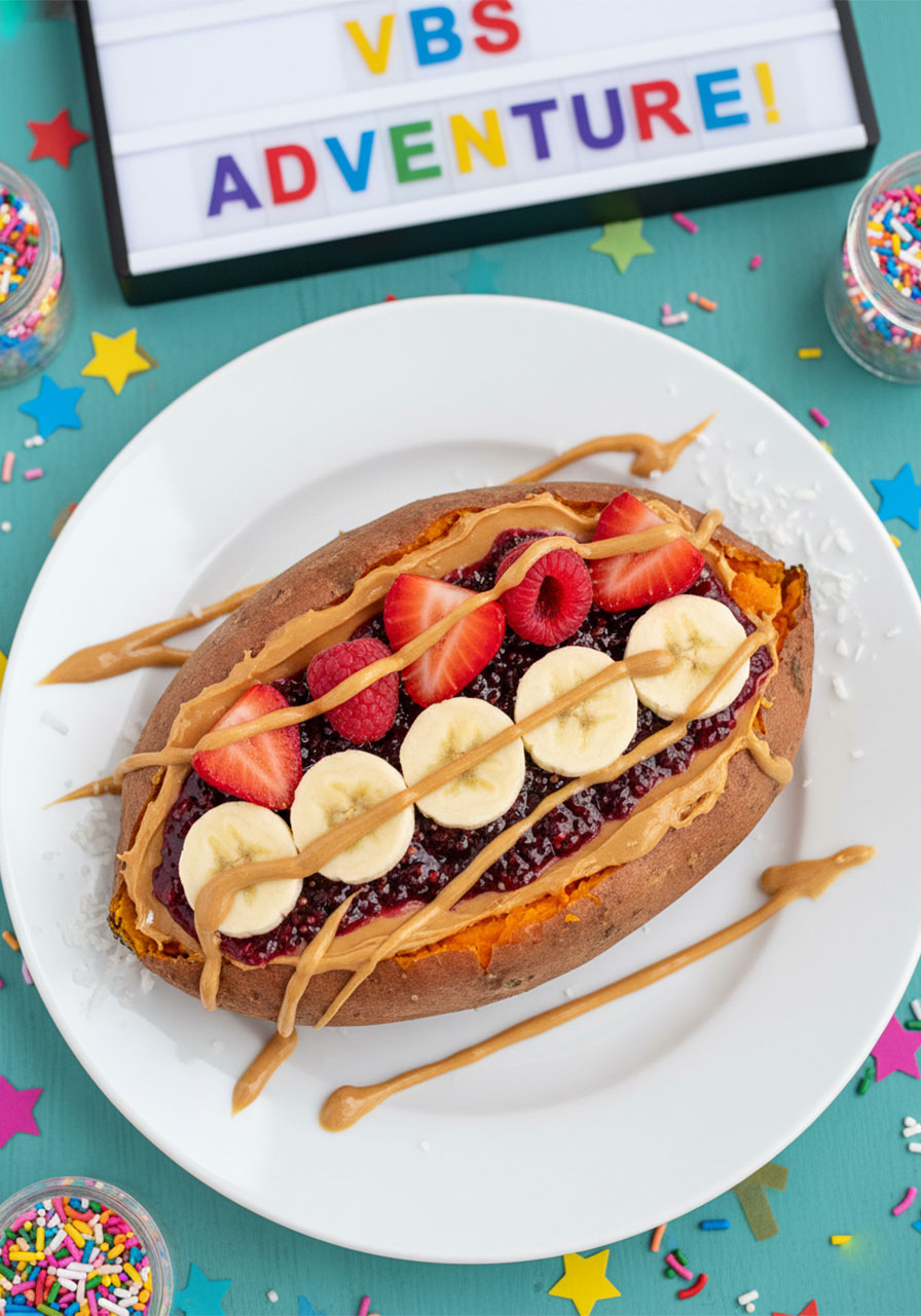 A baked sweet potato filled with peanut butter, raspberry chia jam, banana slices and fresh berries for a fun healthy breakfast