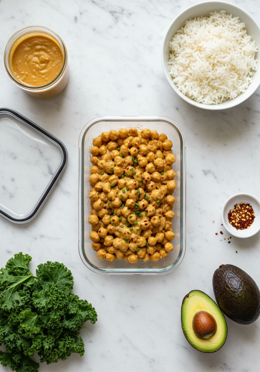Meal prep components for peanut chickpea veggie bowls including chickpeas, peanut sauce, rice, kale and avocado