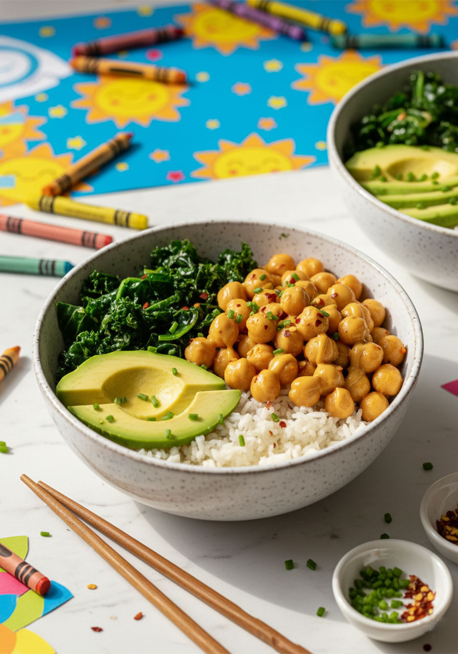 Fully assembled peanut chickpea Buddha bowl with rice, kale, avocado and Thai peanut sauce ready to serve