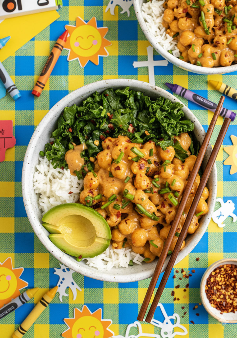 Overhead view of peanut chickpea veggie bowl with jasmine rice, garlicky kale, avocado and Thai peanut sauce