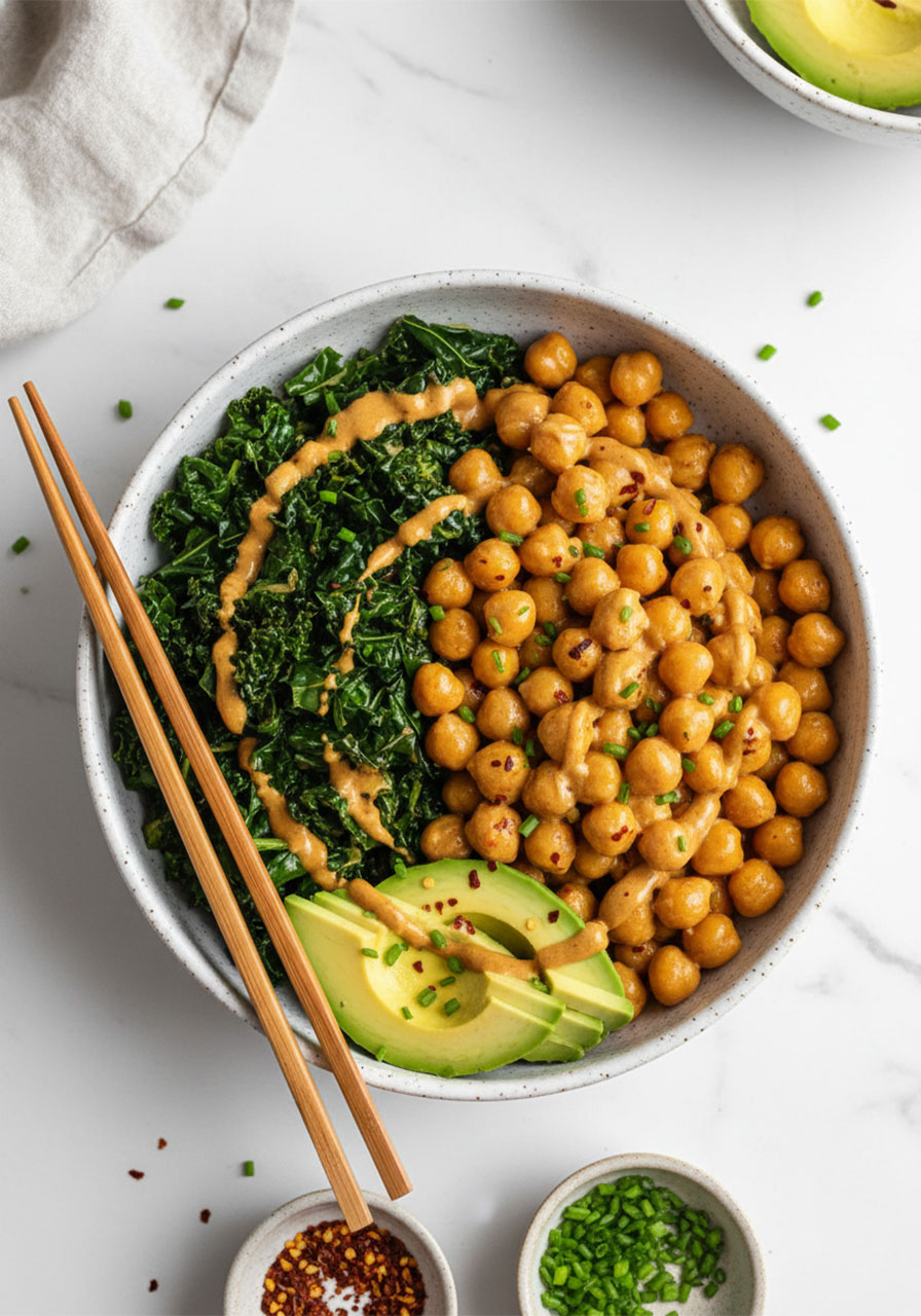 Pinterest-styled vertical photo of peanut chickpea veggie bowl with jasmine rice, kale and avocado