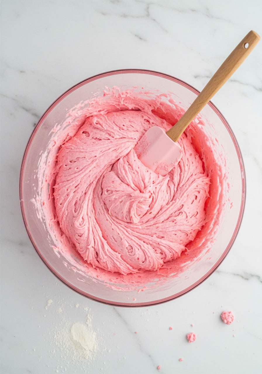 Bright pink strawberry sugar cookie dough in a glass mixing bowl ready to be chilled