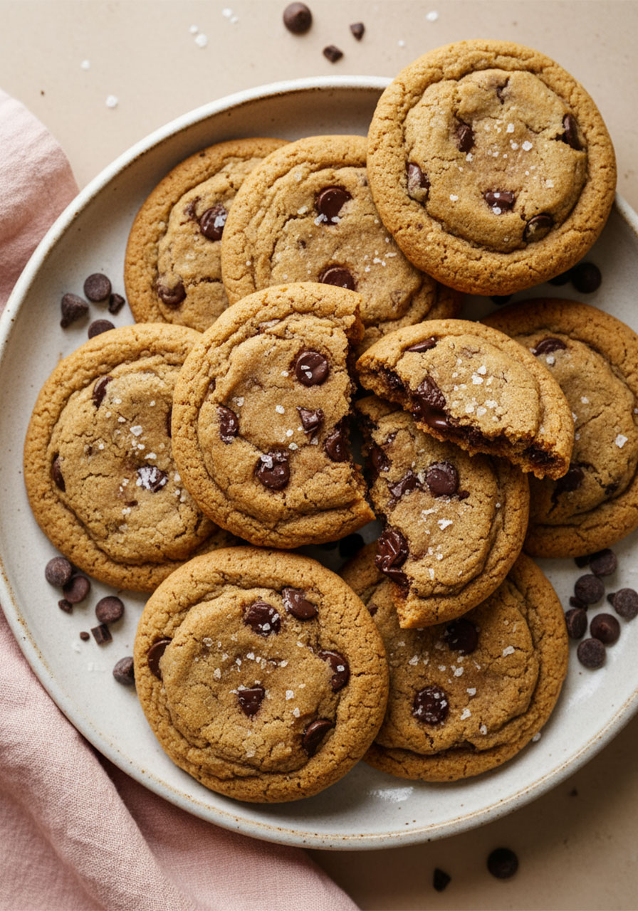 Plate of easy vegan chocolate chip cookies made in one bowl, soft and chewy with dairy-free chocolate chips