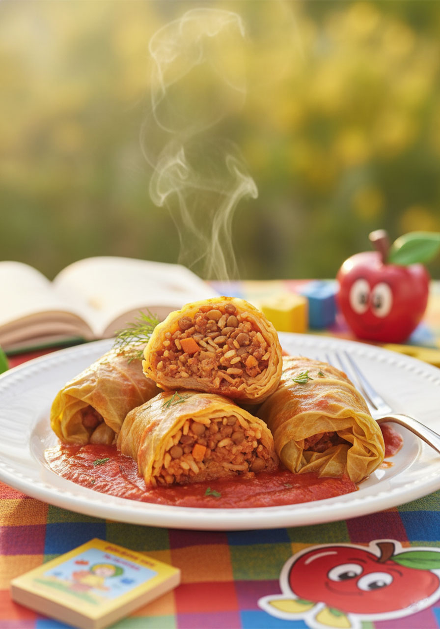 Close-up of plated vegetarian stuffed cabbage rolls cut open to show lentil and rice filling with tomato sauce