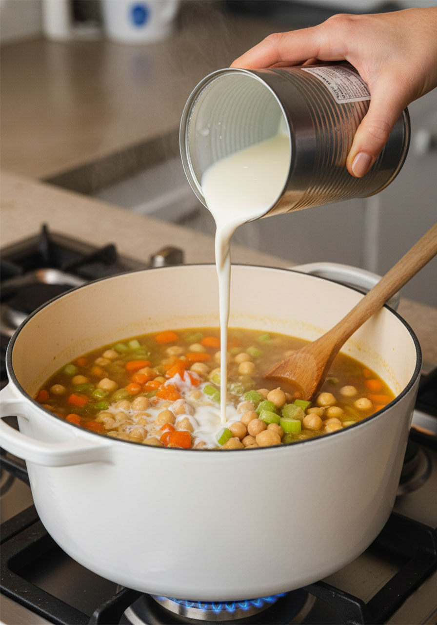 Pouring full-fat coconut milk into a pot of vegan chickpea gnocchi soup on the stovetop