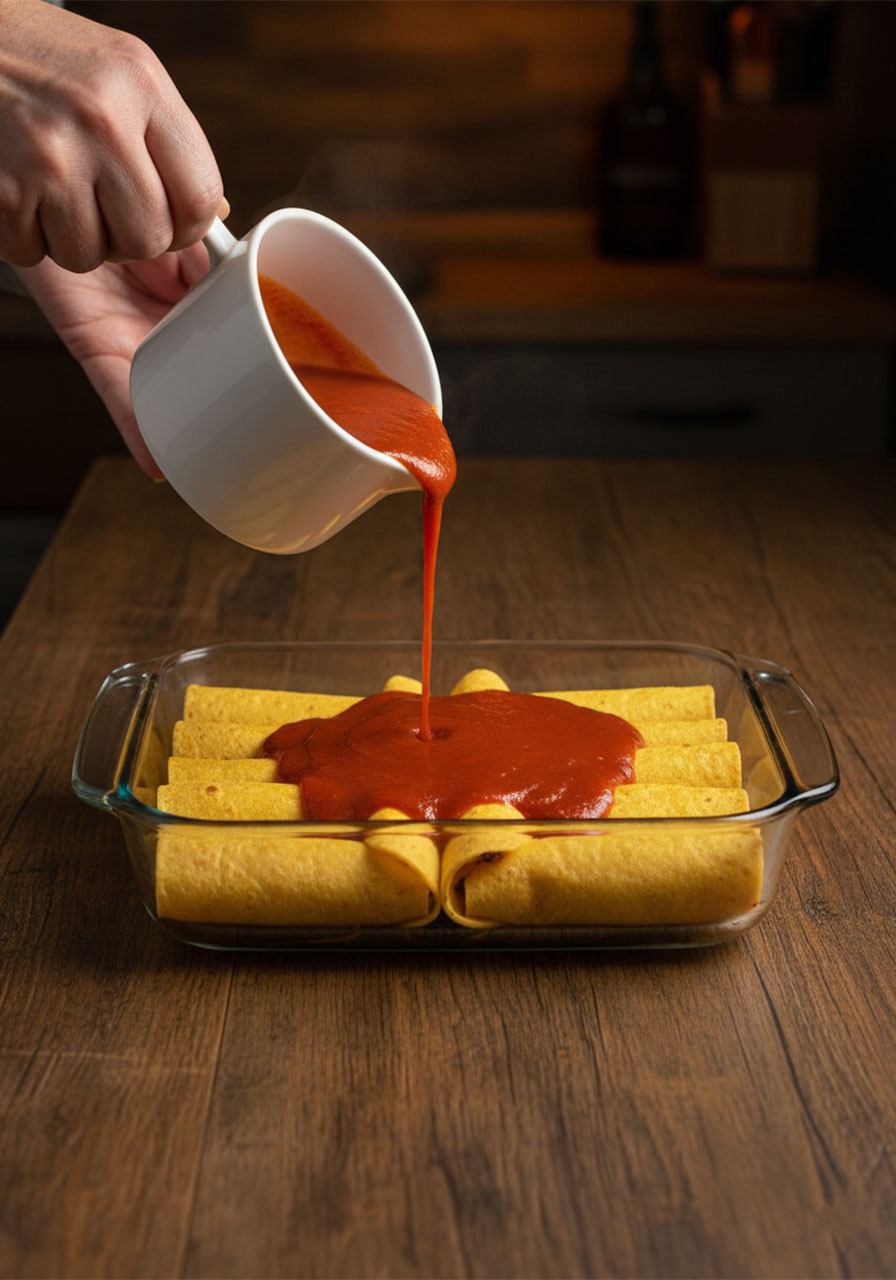 Pouring homemade red enchilada sauce over rolled vegan lentil enchiladas in glass baking dish