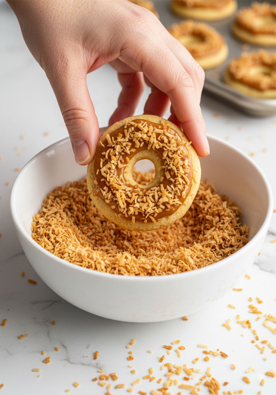 Pressing caramel-coated vegan Samoa cookie into toasted shredded coconut during healthy cookie assembly