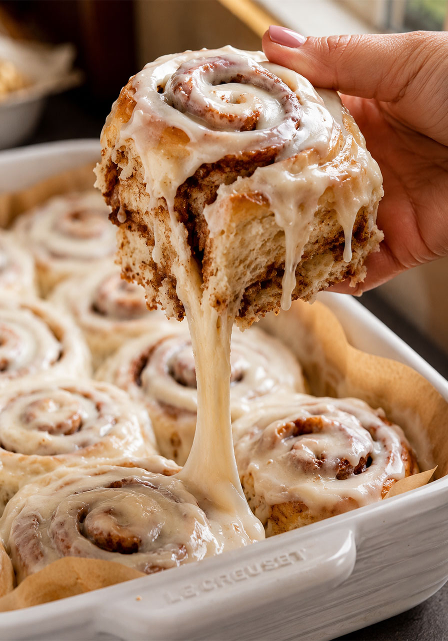 A single gooey vegan cinnamon roll being pulled from the pan with creamy dairy-free icing dripping down