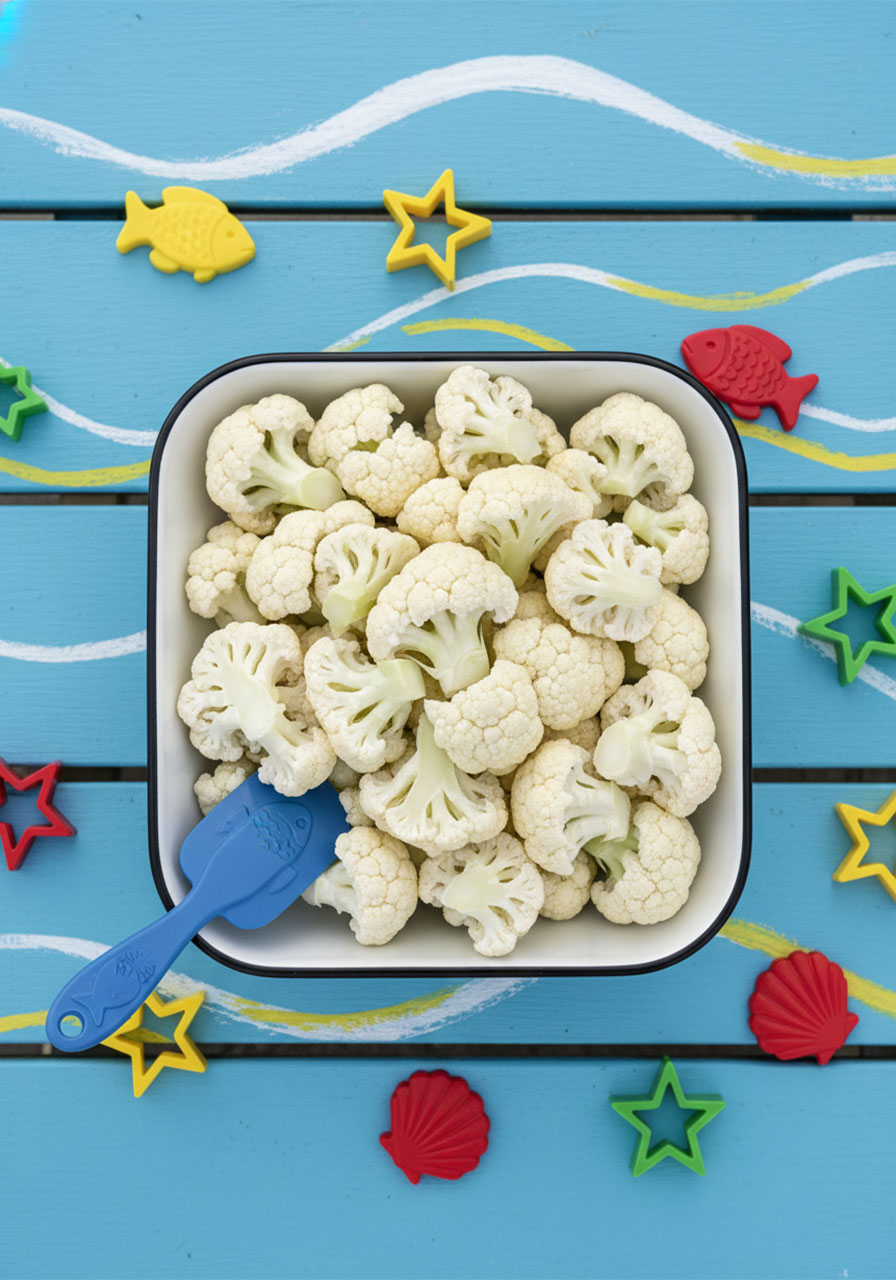 Fresh raw cauliflower florets cut into even pieces ready to be battered and baked for sticky sesame cauliflower
