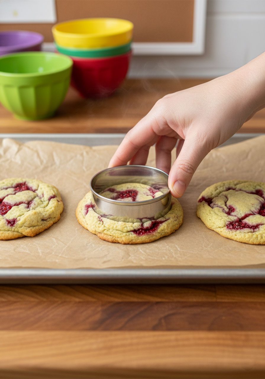 Round metal cookie cutter placed around a freshly baked vegan lemon raspberry cookie on parchment paper to reshape it into a perfect circle