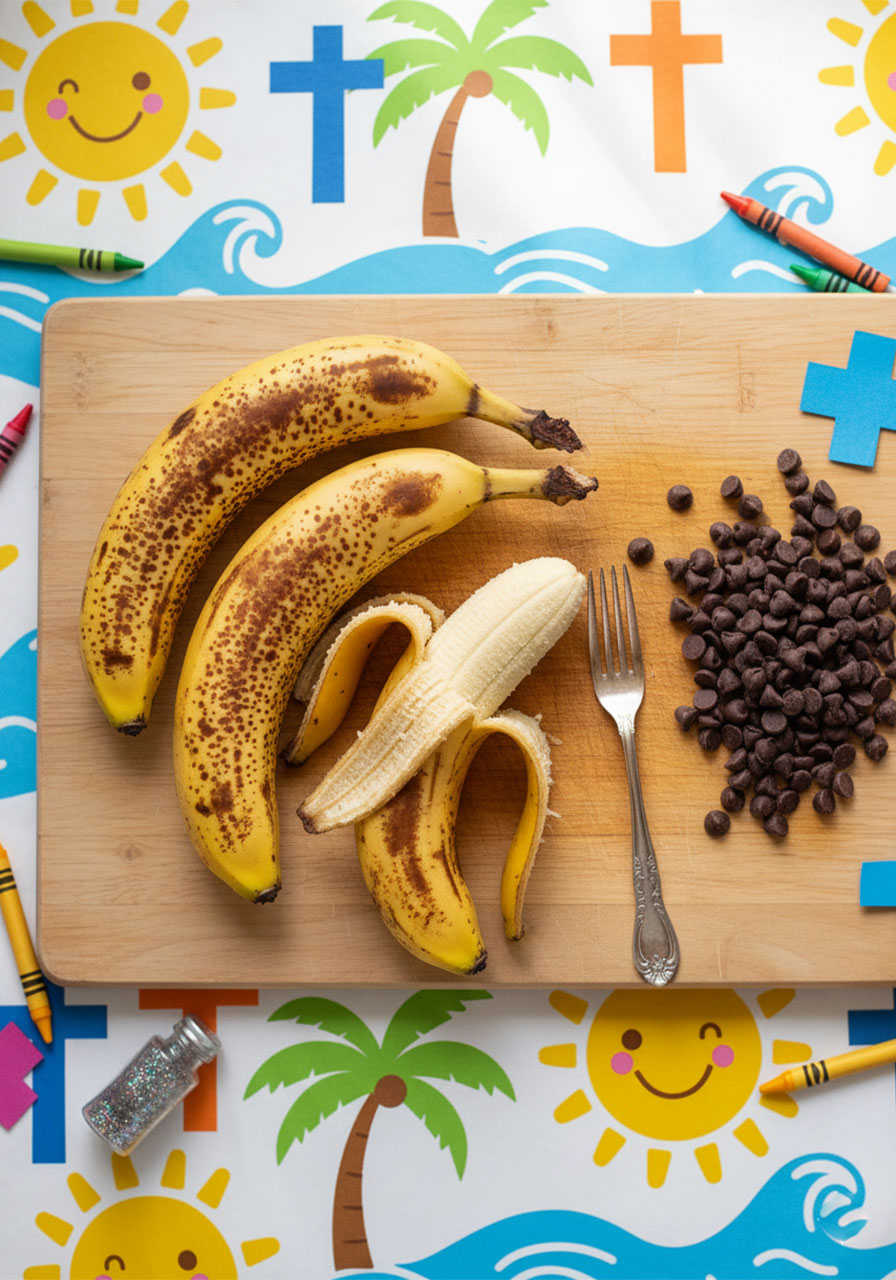 Four ripe brown-spotted bananas on a wooden board with chocolate chips, ready for banana bread