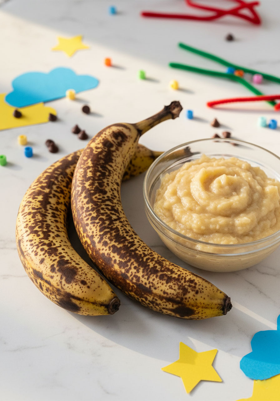 Two very ripe spotty bananas beside a bowl of mashed banana for gluten free banana bread cookies