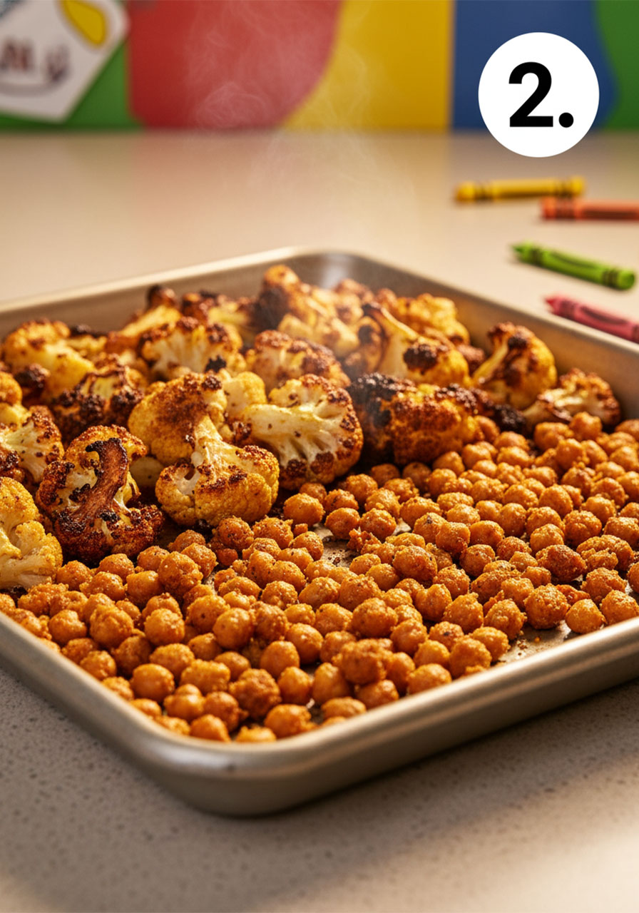 Perfectly roasted spiced cauliflower and crispy chickpeas on baking sheet for vegan shawarma bowls