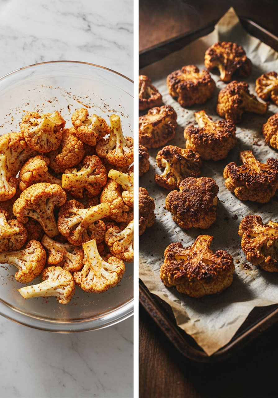 Before and after showing raw spice-coated cauliflower florets in a bowl next to golden roasted cauliflower on a parchment-lined baking sheet for vegan tacos