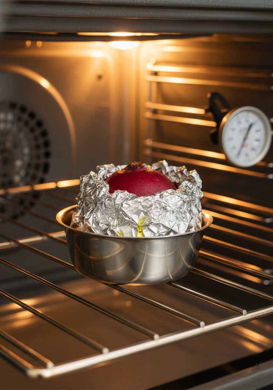 Beet wrapped in tin foil roasting in oven at 425°F for creamy vegan pink pasta sauce