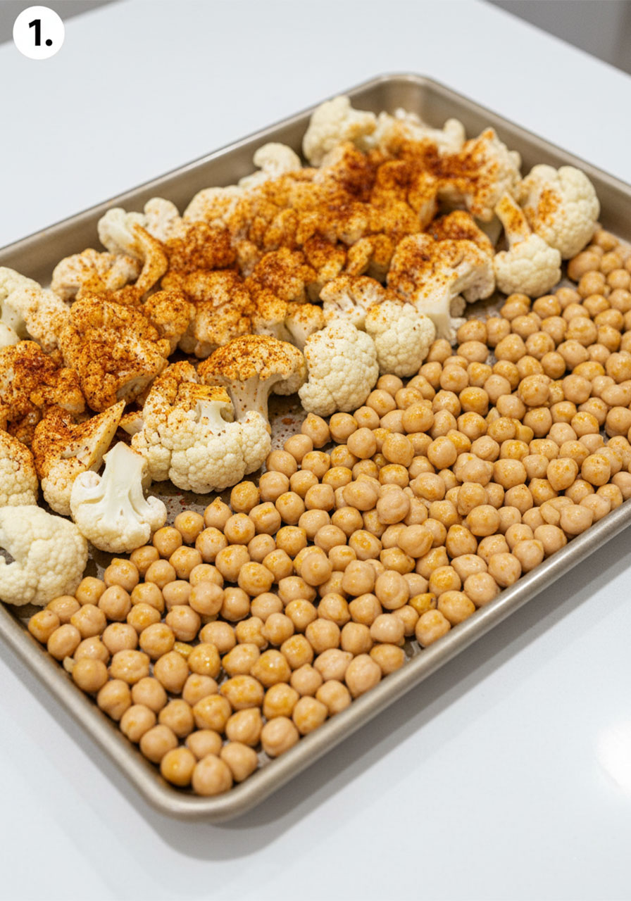 Raw spiced cauliflower florets and chickpeas on sheet pan before roasting for shawarma bowls