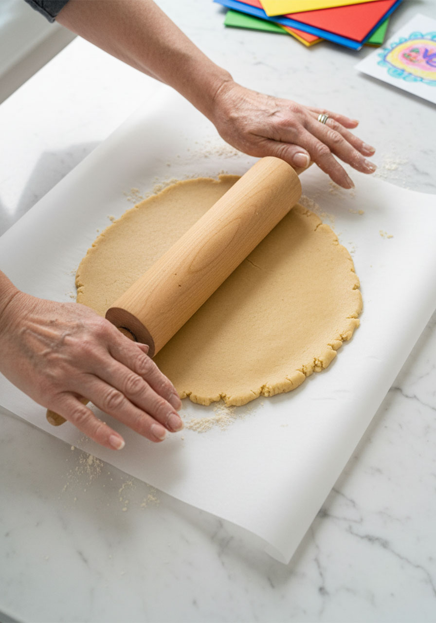 Rolling out gluten-free almond flour shortbread dough between parchment paper for homemade Samoa cookies