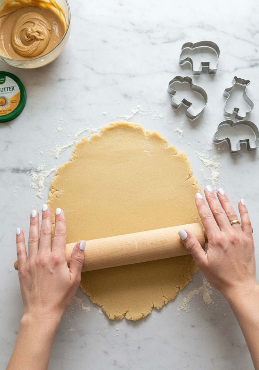 Rolling out gluten-free vegan animal cracker dough on floured surface with animal cookie cutters ready to use