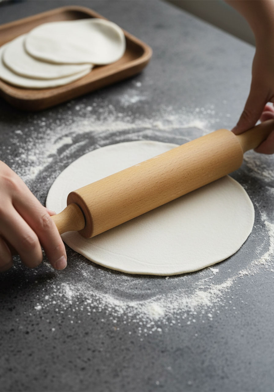 Rolling out homemade dough wrappers with a rolling pin for Chinese savory stuffed pancakes