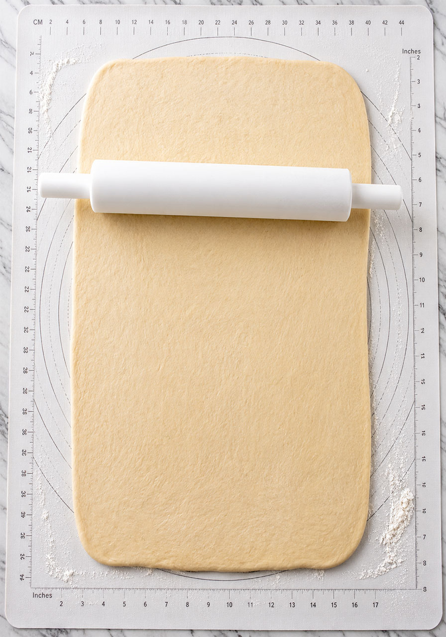 Vegan cinnamon roll dough rolled into a large rectangle on a pastry mat ready for filling