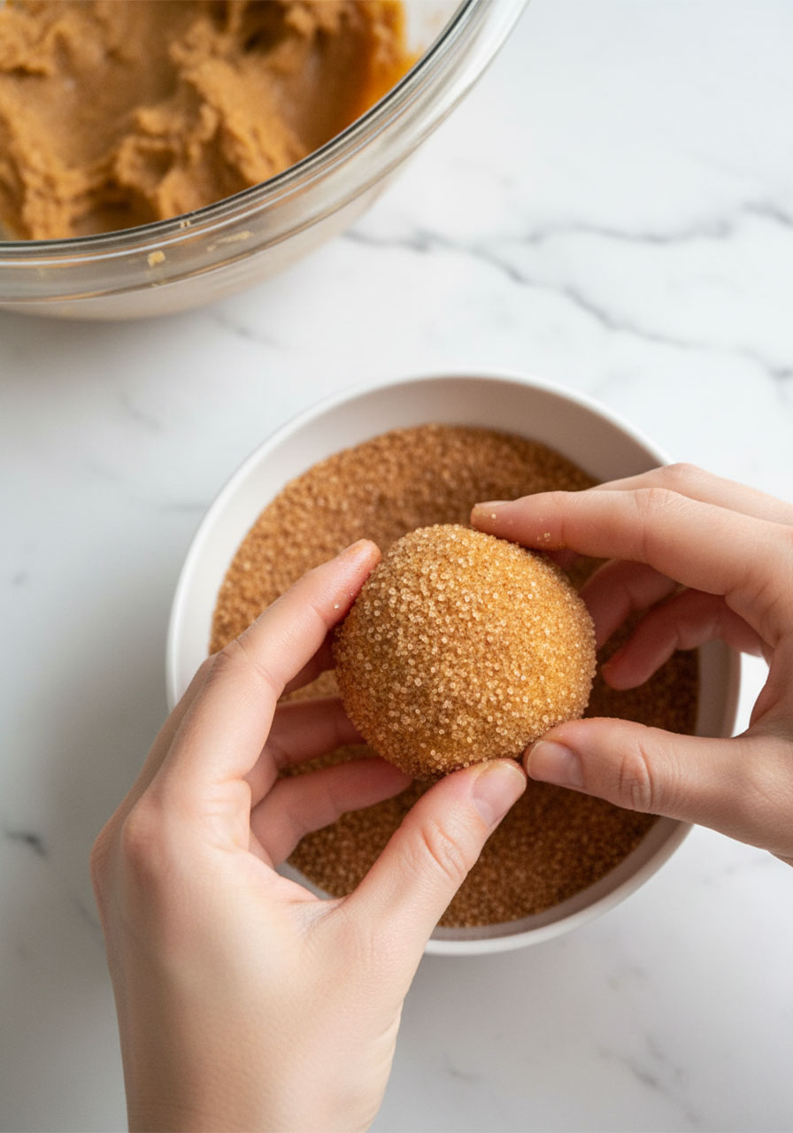 Unbaked vegan pumpkin cheesecake cookie ball being rolled in pumpkin spice sugar coating before baking