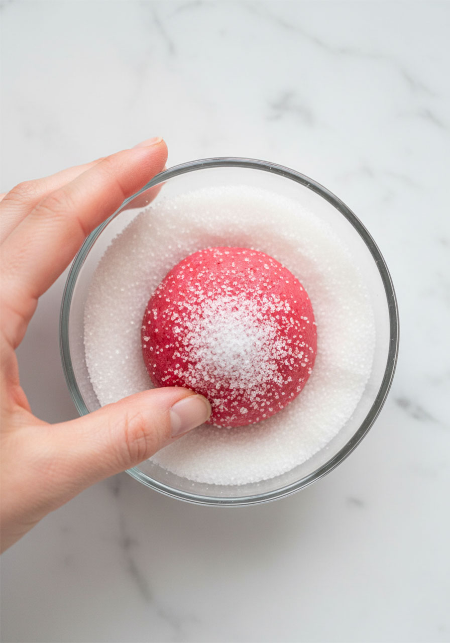 Rolling a pink strawberry sugar cookie dough ball in granulated white sugar before baking