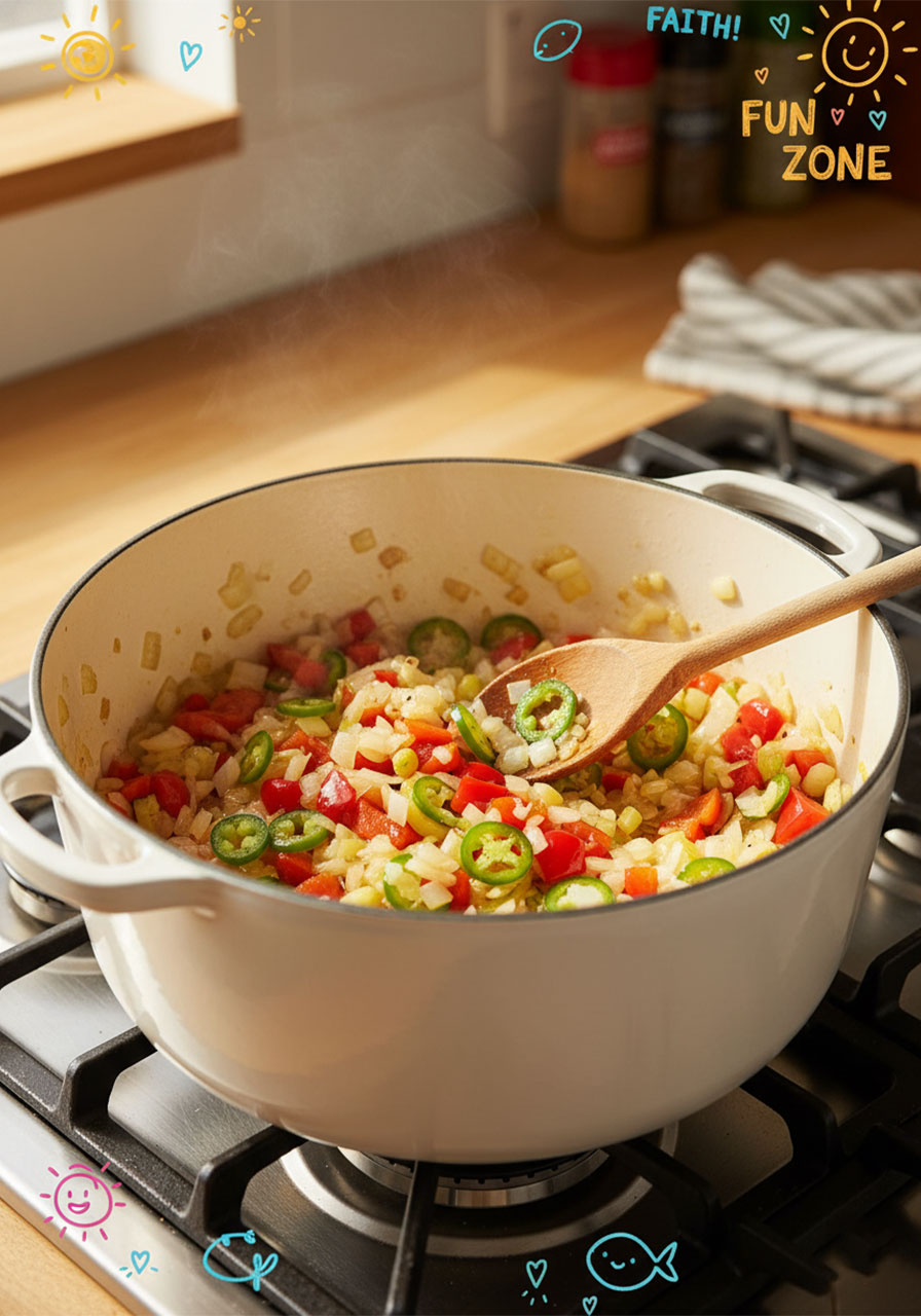 Diced onion, red bell pepper, and jalapeño sautéing in olive oil inside a white Dutch oven — step one for vegan tortilla soup