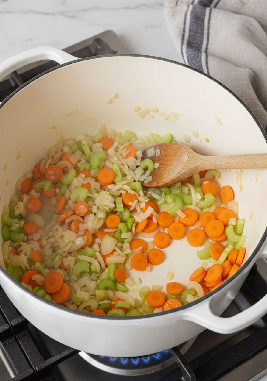 Diced onion, carrot, and celery sautéing in olive oil in a white Dutch oven for vegan gnocchi soup