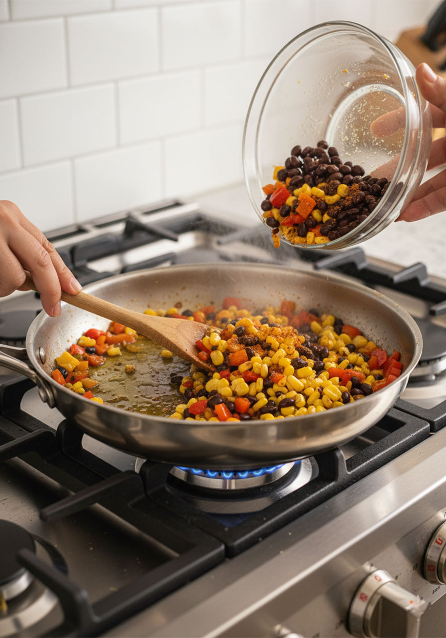 Colorful diced bell peppers, black beans, and corn sizzling in a skillet with taco seasoning to make vegetarian quesadilla filling