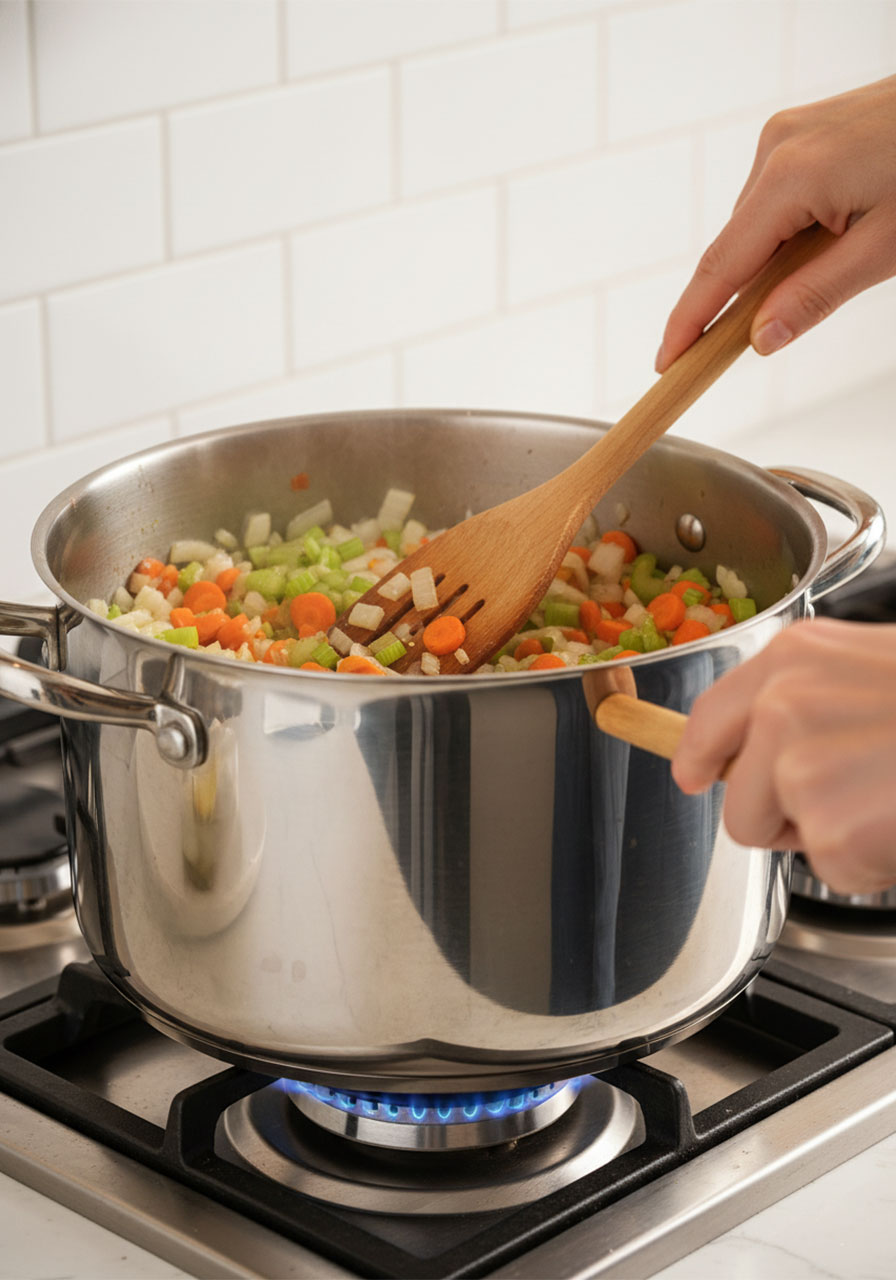 Sautéing onion carrots and celery in olive oil for vegan lentil mushroom stew
