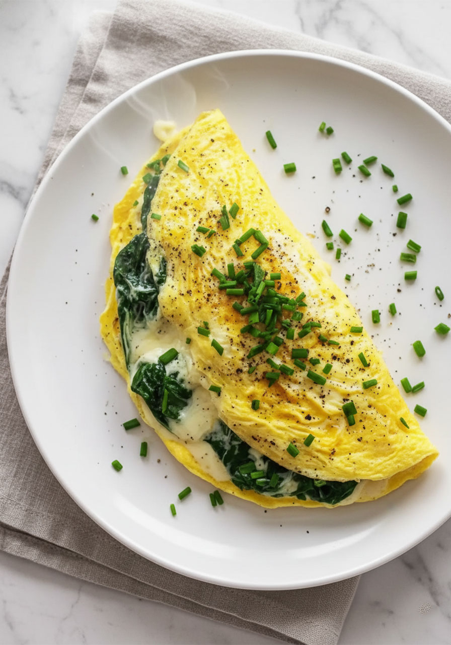 Savory vegan tofu omelette with spinach and chives on white plate – high protein egg-free breakfast