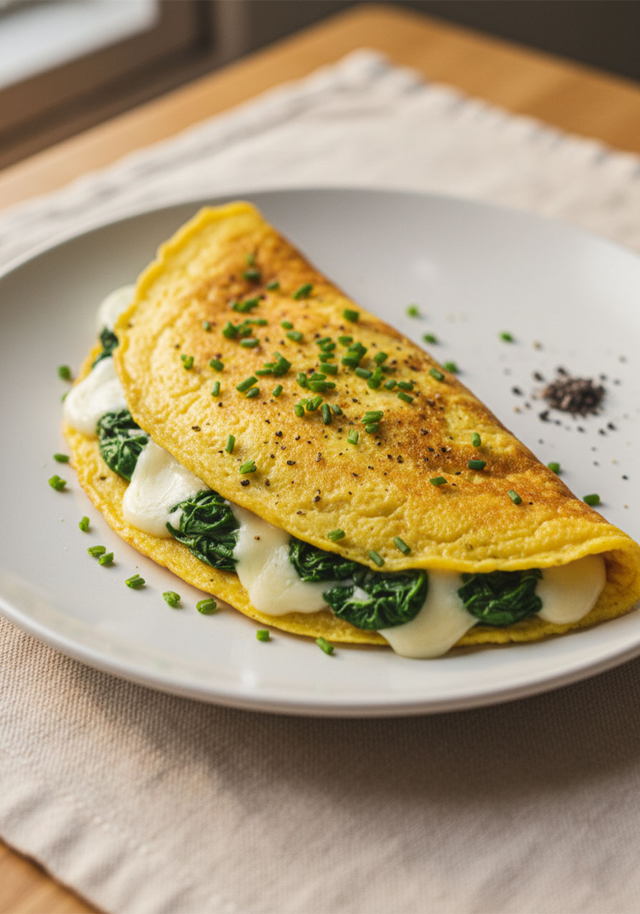 Perfectly plated savory vegan tofu omelette with melted cheese spinach filling topped with fresh chives and black pepper