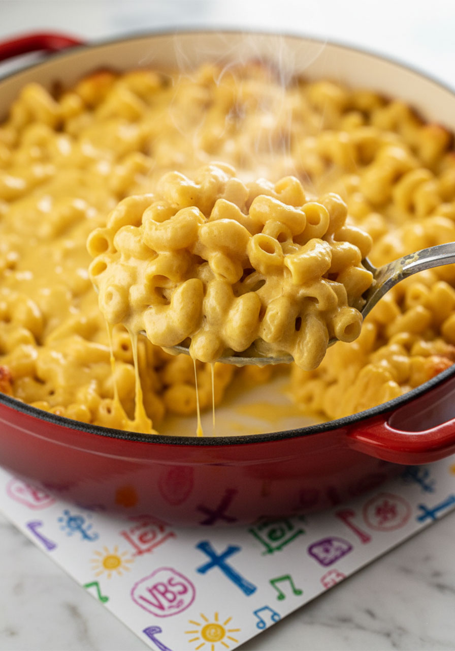 Serving spoon scooping a generous portion of creamy Southern vegan mac and cheese from casserole dish