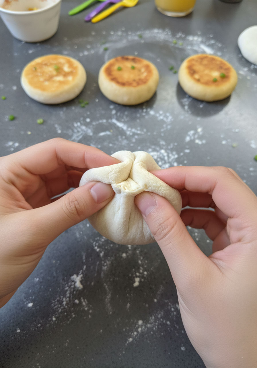 Hands pleating and sealing homemade dough around tofu filling to make Chinese savory stuffed pancakes