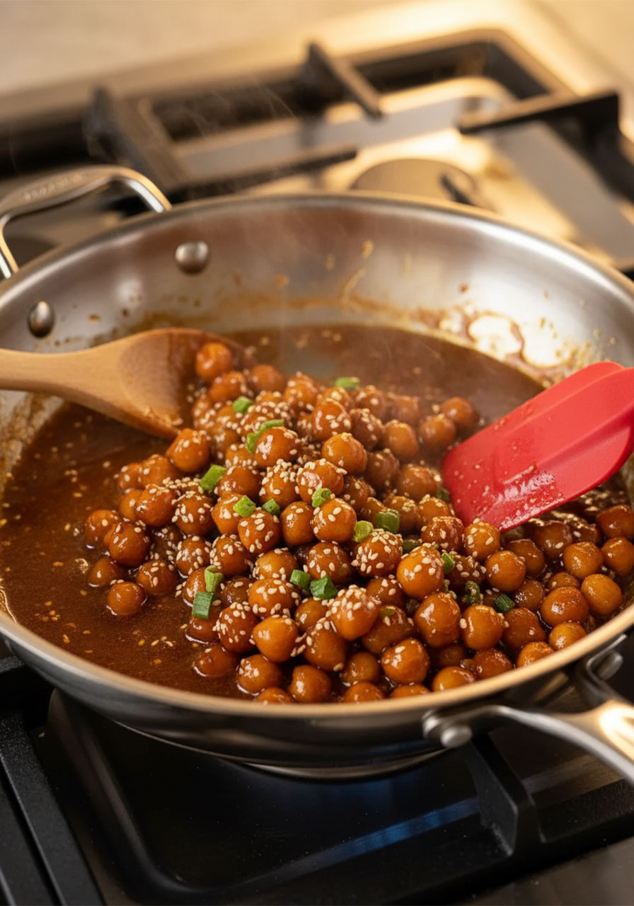 Chickpeas being folded into thick sticky sesame sauce in a skillet with a spatula