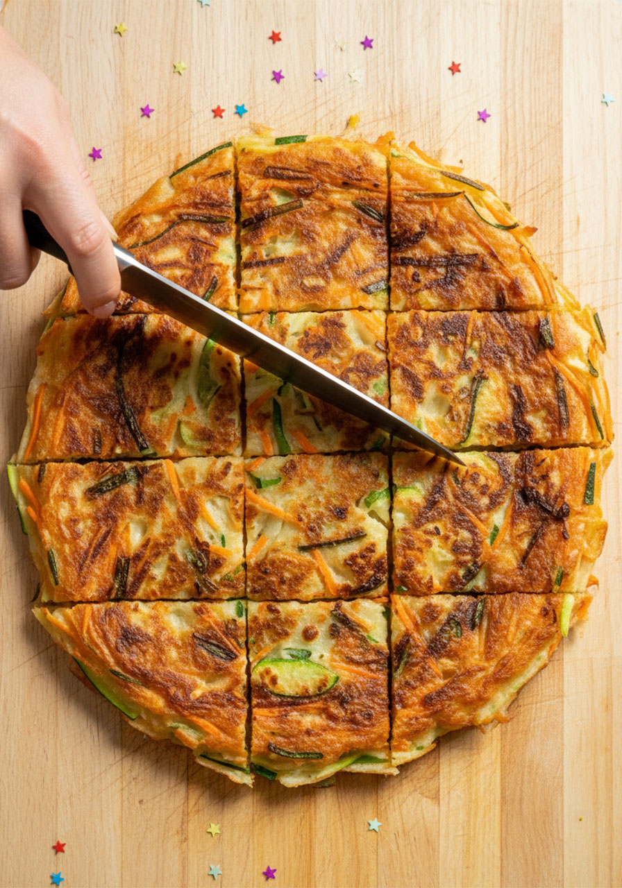 Slicing a crispy cooked Yachaejeon Korean vegetable pancake into bite-sized squares on a wooden cutting board