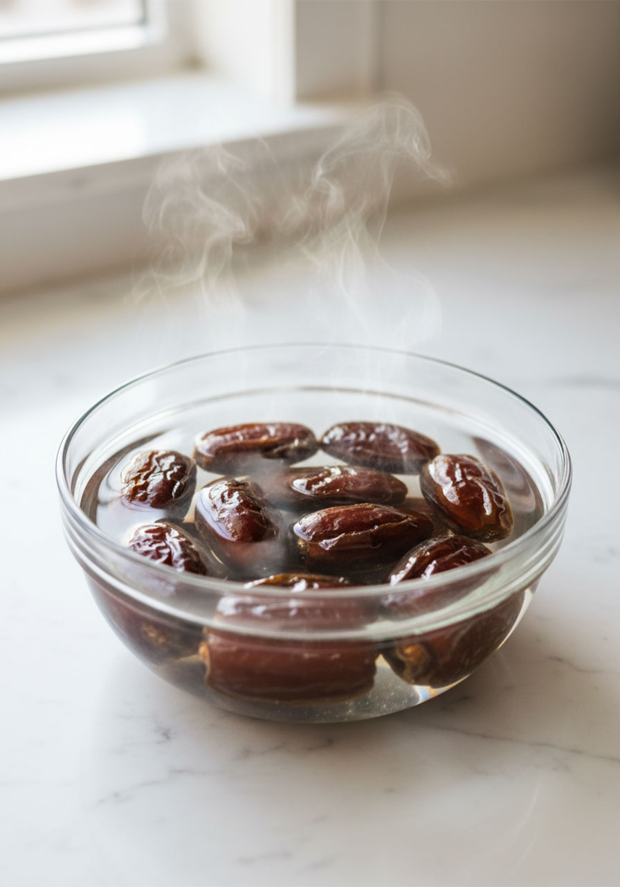 Soaking pitted medjool dates in hot water to make smooth one-ingredient date caramel for vegan Samoa cookies