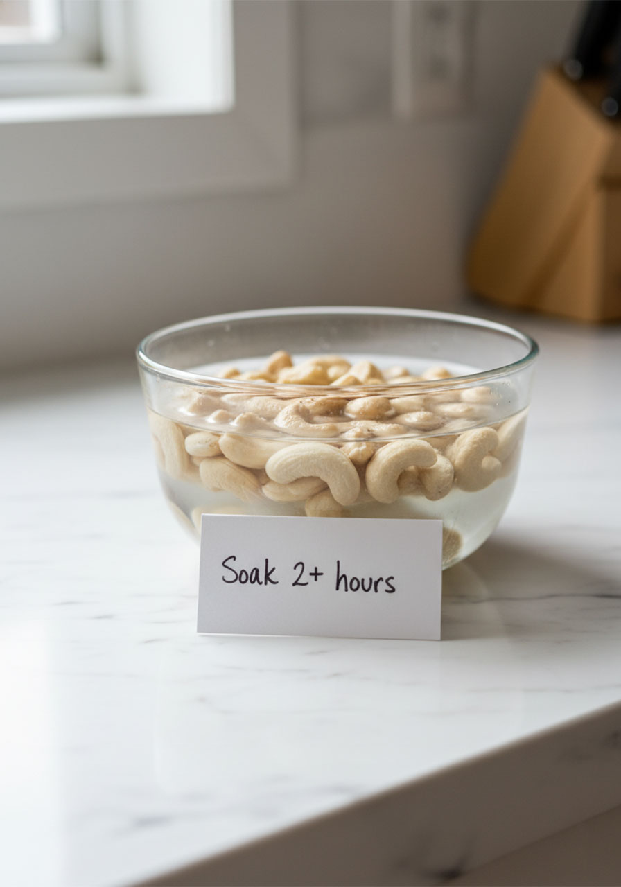 Raw cashews soaking in water in a glass bowl for creamy vegan pink pasta sauce