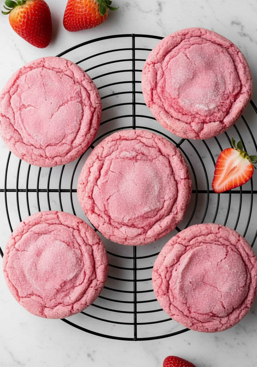 Soft gluten free strawberry sugar cookies on a wire cooling rack surrounded by fresh strawberries