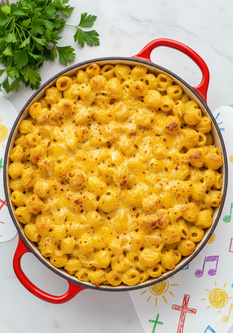 Overhead view of Southern vegan mac and cheese in a red enamel casserole dish, golden bubbly cheese top