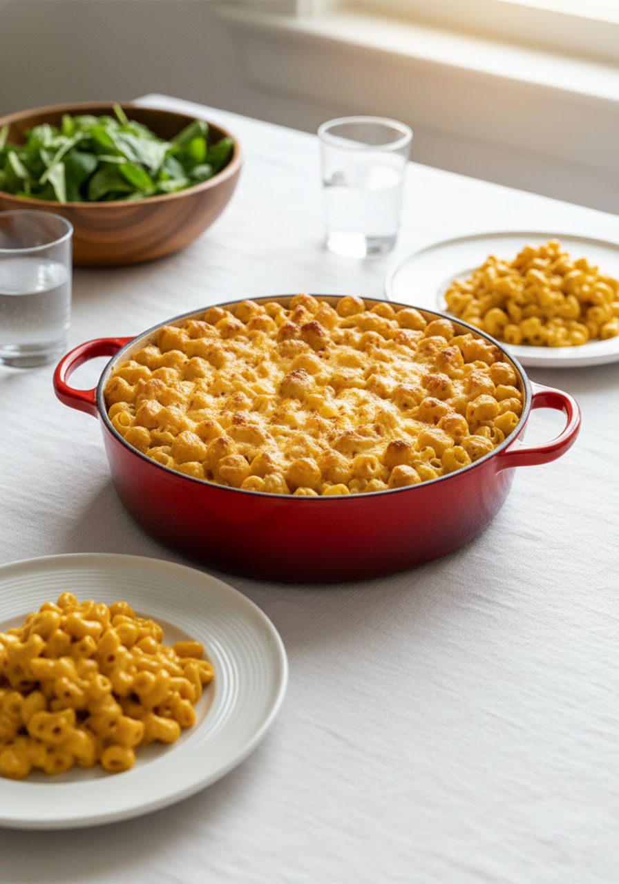 Southern vegan mac and cheese in red casserole dish on a cozy family dinner table with plates served