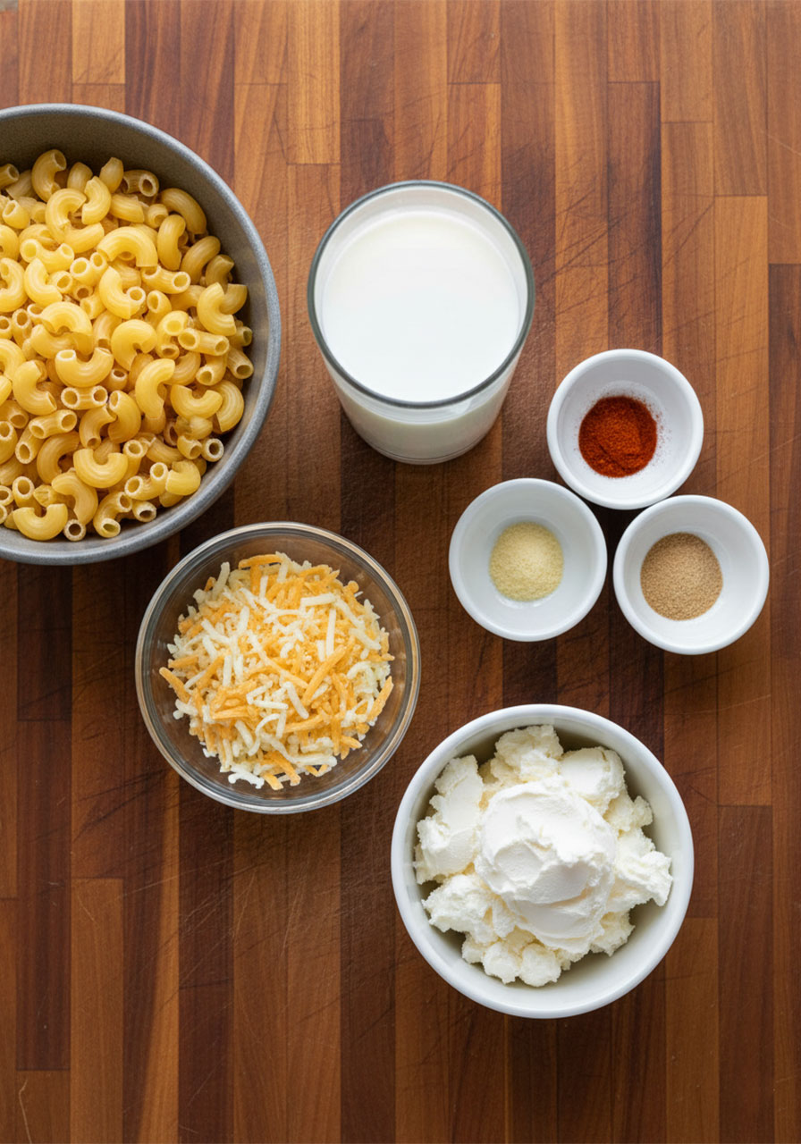 Flat lay of all ingredients for Southern vegan mac and cheese including vegan cream cheese, Colby jack, oat milk and spices